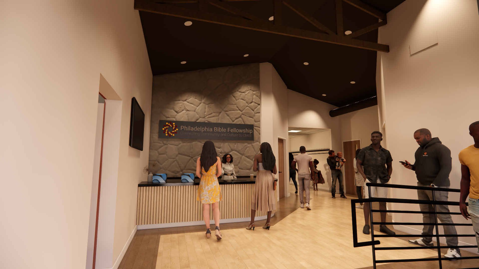 Rendering of the new lobby with a stone wall and welcome desk