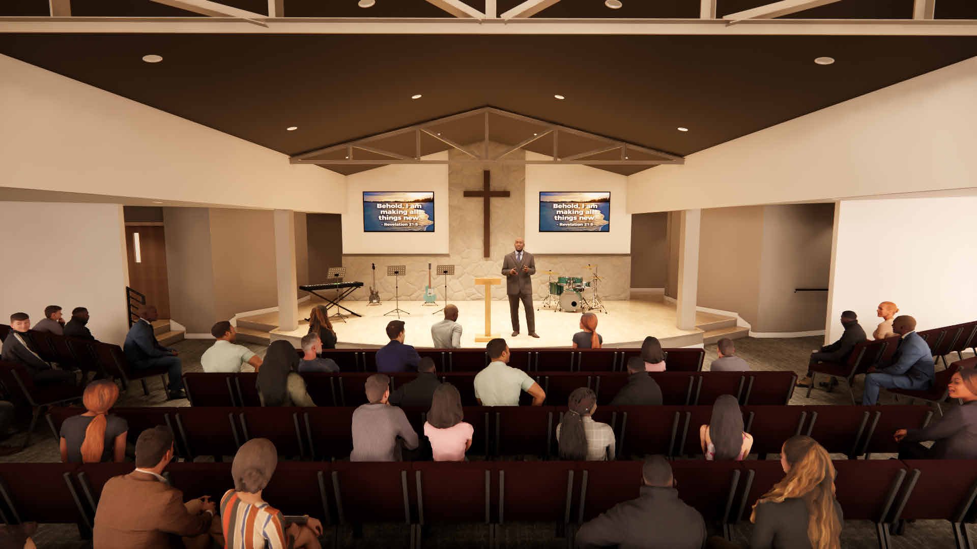 Rendering of the new sanctuary with a platform, cross, and screens