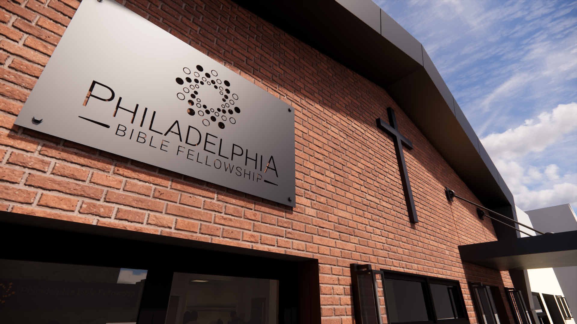 Rendering of the new Philadelphia Bible Fellowship sign and cross on the brick facade